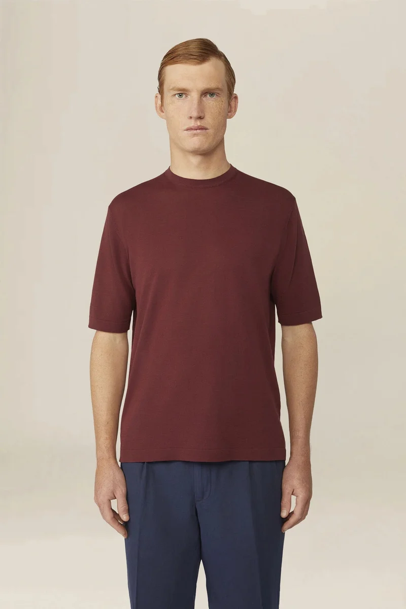 Men's knitted T-shirt in 100% cotton crepe - Wine