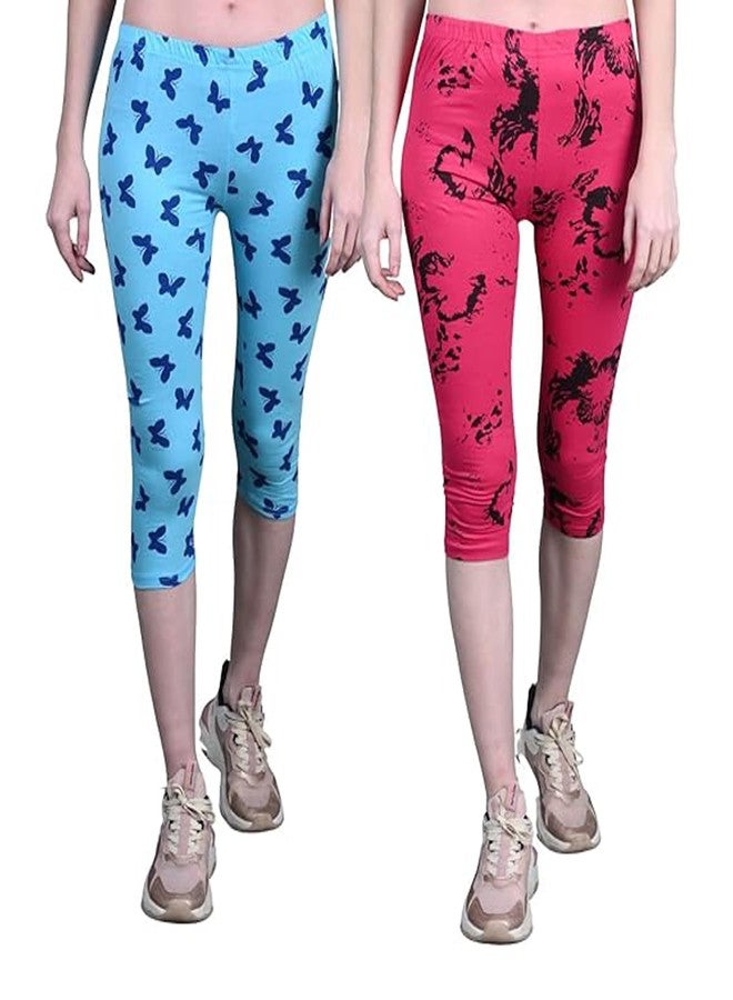 LOVO Girl's Cotton Printed 3/4th Capri/Leggings (GCAP0403, Sky Blue, Magenta, 7-8 Years) Pack of 2 - Image 1