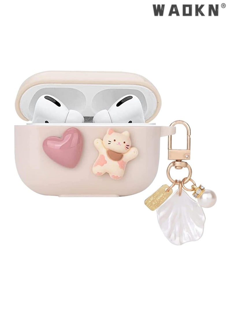 WAOKN Cute AirPod Pro 2 Case with Shell Pearl Keychain, Love Cat Design TPU Cover, Compatible with AirPods Pro 2nd Generation 2022, Stylish Protective Case for Women and Girls, Ideal Gift for Fashion Lovers, Enhances Grip and Aesthetics - Image 1