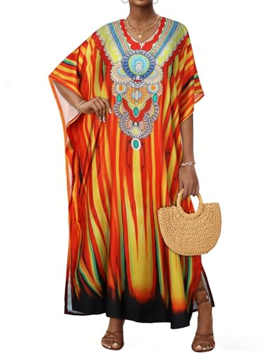 JILUVIN Kaftan Dresses for Women Plus Size V Neck Caftan Long Batwing Sleeve Swimsuit Cover Up Beach Swimwear 2026 (Ethnic Sunset Print, One Size) - Image 1