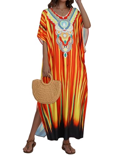 JILUVIN Kaftan Dresses for Women Plus Size V Neck Caftan Long Batwing Sleeve Swimsuit Cover Up Beach Swimwear 2026 (Ethnic Sunset Print, One Size) - Image 3