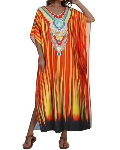 JILUVIN Kaftan Dresses for Women Plus Size V Neck Caftan Long Batwing Sleeve Swimsuit Cover Up Beach Swimwear 2026 (Ethnic Sunset Print, One Size) - Image 2