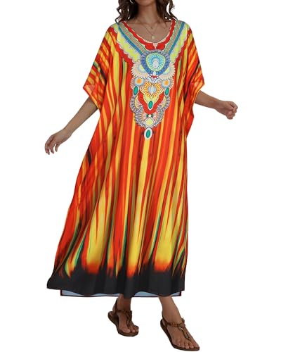 JILUVIN Kaftan Dresses for Women Plus Size V Neck Caftan Long Batwing Sleeve Swimsuit Cover Up Beach Swimwear 2026 (Ethnic Sunset Print, One Size) - Image 4