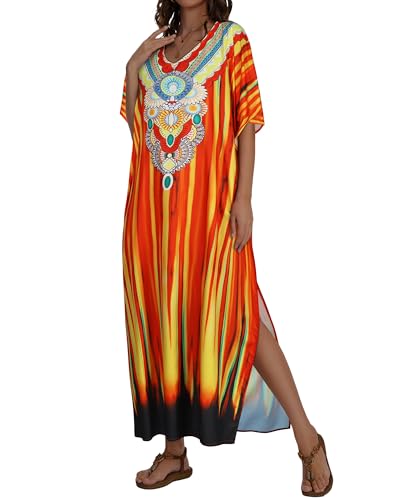 JILUVIN Kaftan Dresses for Women Plus Size V Neck Caftan Long Batwing Sleeve Swimsuit Cover Up Beach Swimwear 2026 (Ethnic Sunset Print, One Size) - Image 5