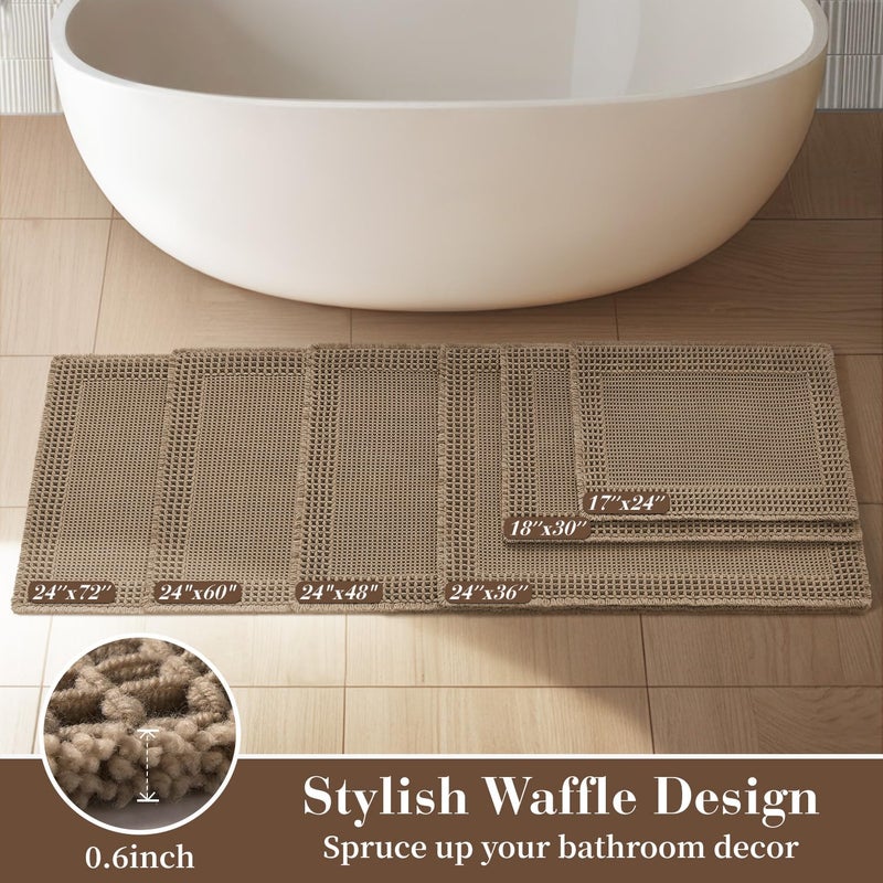 RESARE Waffle Bathroom Runner Rugs, Super Absorbent Bath Mat Non Slip Washable Quick Dry, Upgraded Ultra Soft Boho Bath Rugs with Tassels for Hallway Bedroom Laundry Room, 2'x4'(24"x48"), Brown - Image 5