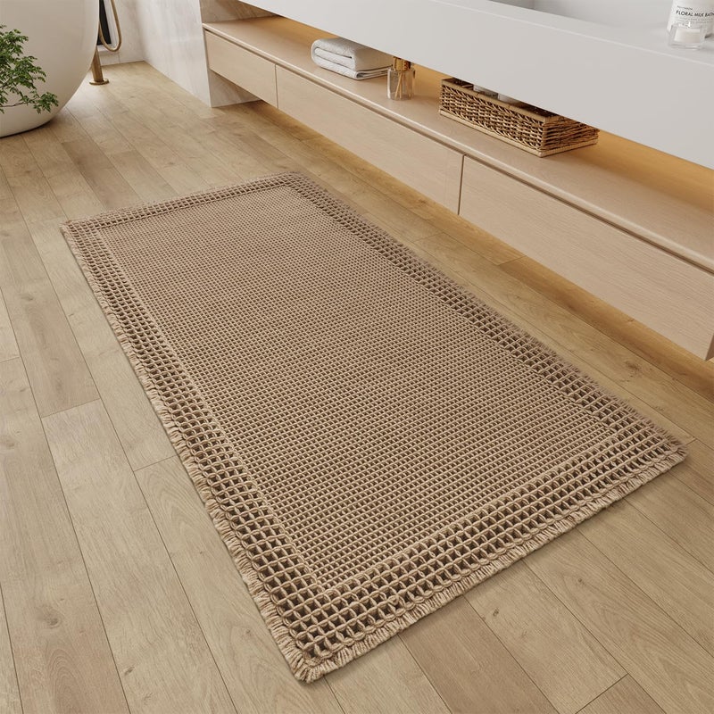 RESARE Waffle Bathroom Runner Rugs, Super Absorbent Bath Mat Non Slip Washable Quick Dry, Upgraded Ultra Soft Boho Bath Rugs with Tassels for Hallway Bedroom Laundry Room, 2'x4'(24"x48"), Brown - Image 1