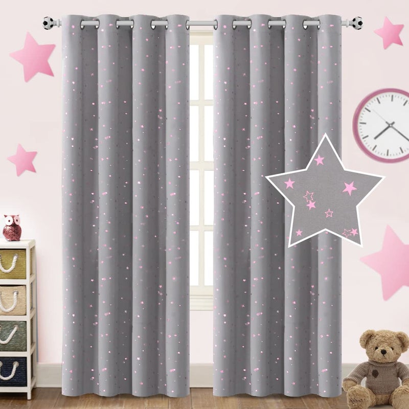 PrinceDeco Blackout Kids Curtains for Bedroom Thermal Insulated Pink Twinkle Star Curtains for Boys Girls Antique Grommet Top Window Treatment 2 Panels Drape for Nursery 52 W x 84 L GreyPink