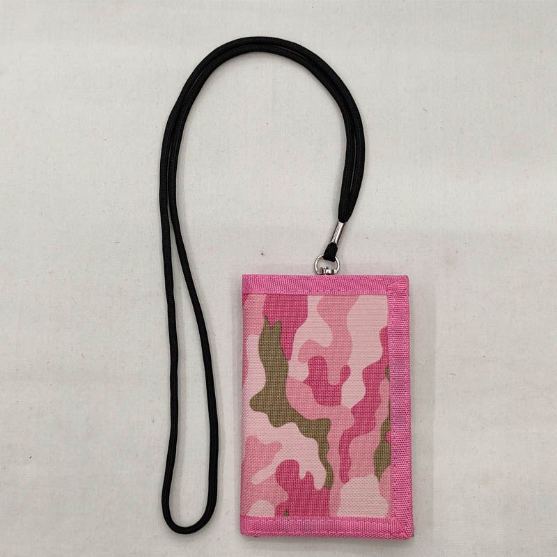 Camouflage Student Wallet Neck Strap Mens Zip Pouch Pink