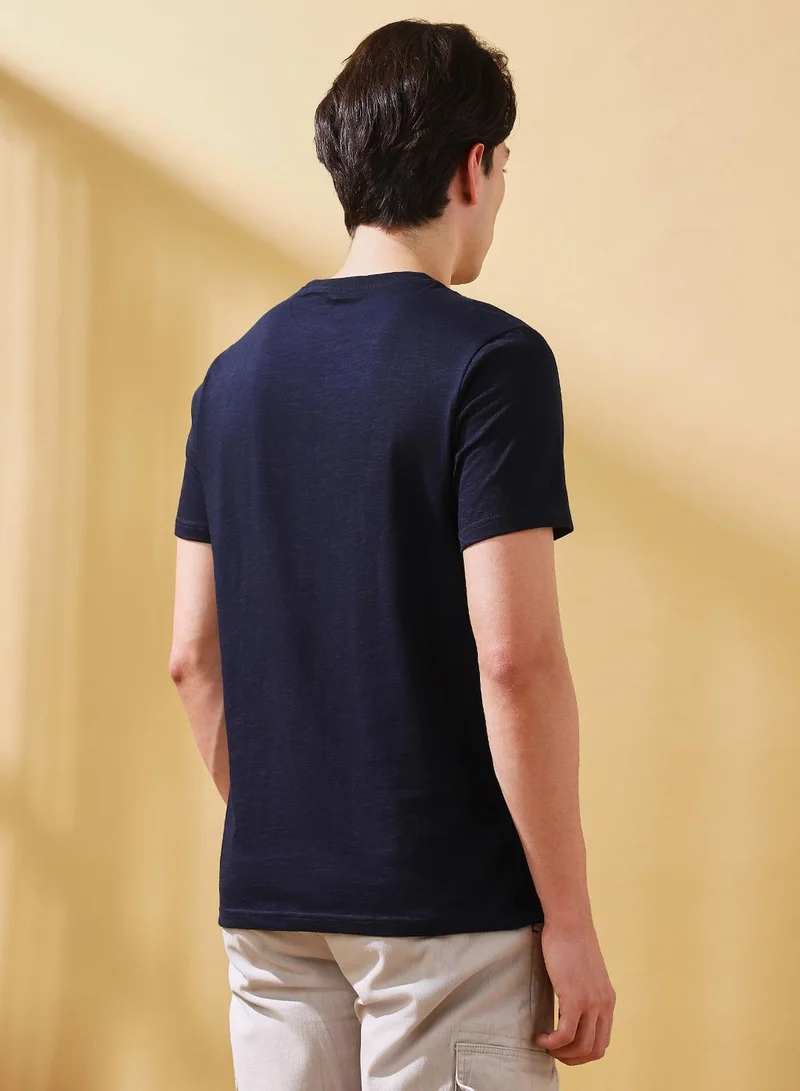 Dennis Lingo Men's Navy Cotton Printed Regular Fit T-Shirt