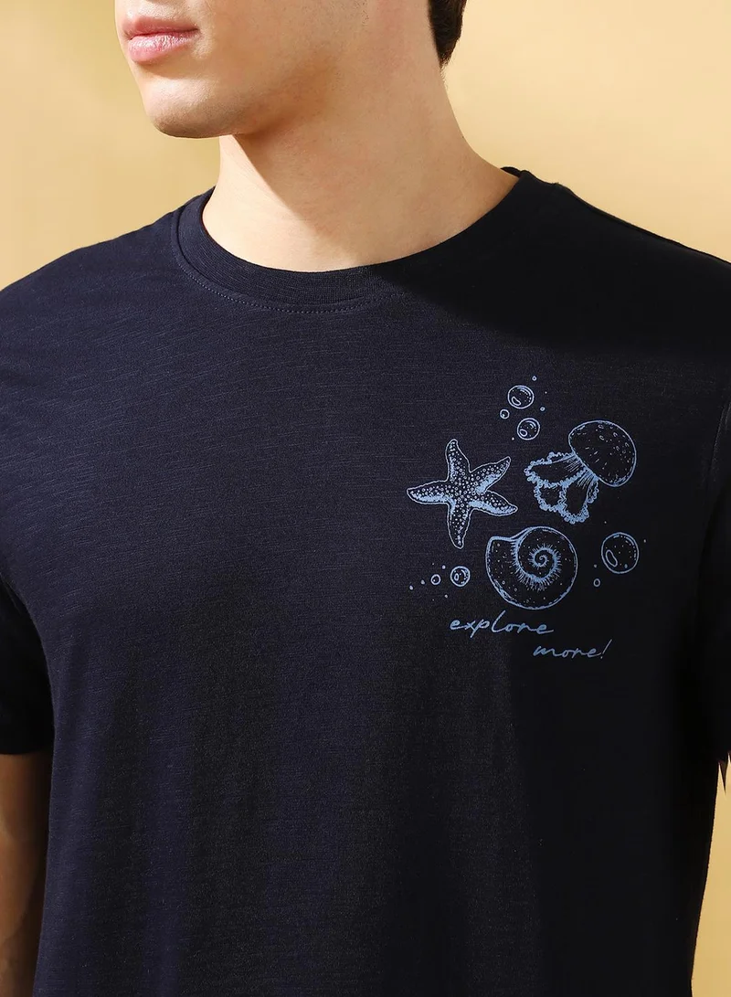 Dennis Lingo Men's Navy Cotton Printed Regular Fit T-Shirt