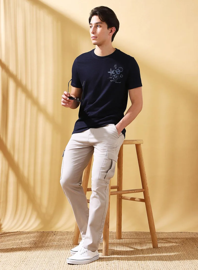 Dennis Lingo Men's Navy Cotton Printed Regular Fit T-Shirt