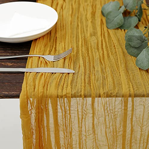DOLOPL Mustard Yellow Cheesecloth Table Runner 133ft Boho Gauze Cheese Cloth Table Runner Rustic Sheer Runner 160inch Long for Wedding Bridal Baby Shower Birthday Party Cake Table Decorations