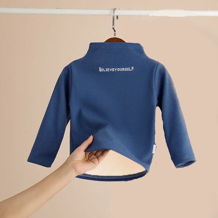 Childrens fleece-lined thickened turtleneck bottoming shirt suit winter boys and girls long johns underwear suit baby middle and big children Blue Coat
