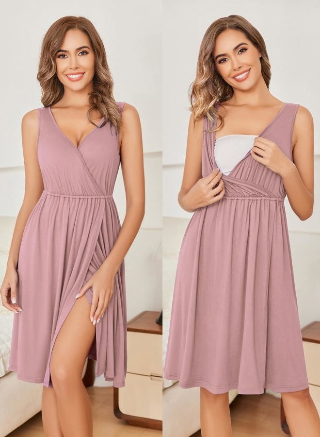 Ekouaer Maternity Nursing Gown and Robe Set Labor Delivery Nursing Nightgowns for Breastfeeding Pregnancy Clothes, Mauve, S - Image 3