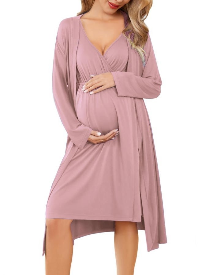 Ekouaer Maternity Nursing Gown and Robe Set Labor Delivery Nursing Nightgowns for Breastfeeding Pregnancy Clothes, Mauve, S - Image 1