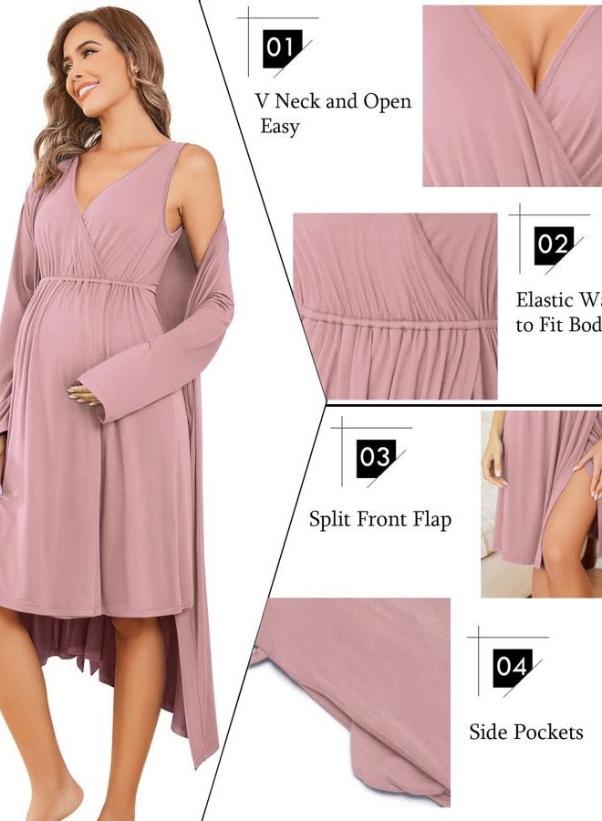 Ekouaer Maternity Nursing Gown and Robe Set Labor Delivery Nursing Nightgowns for Breastfeeding Pregnancy Clothes, Mauve, S - Image 2