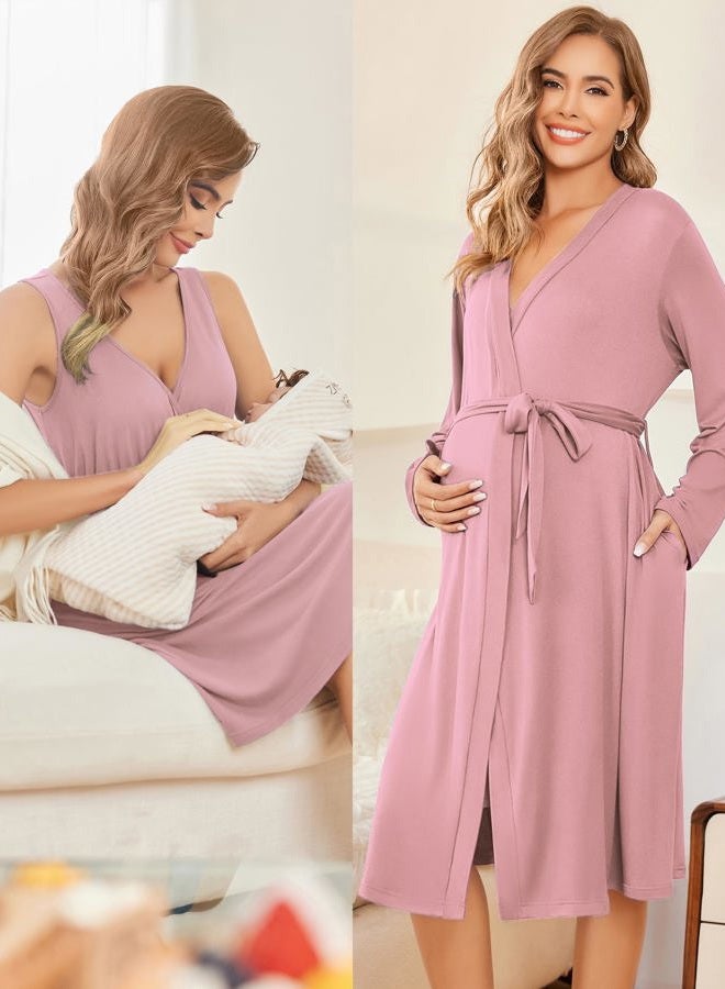 Ekouaer Maternity Nursing Gown and Robe Set Labor Delivery Nursing Nightgowns for Breastfeeding Pregnancy Clothes, Mauve, S - Image 4