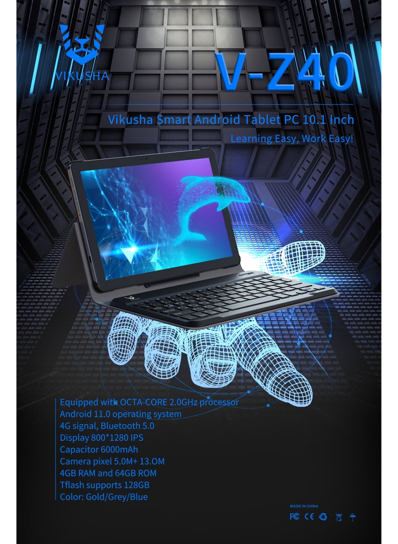 فيكوشا جهاز لوحي VIKUSHA V-Z40 بذاكرة وصول عشوائي (RAM) سعة 4 جيجابايت وذاكرة داخلية سعة 64 جيجابايت، يدعم تقنية Wi-Fi وشبكة الجيل الرابع 4G، بشاشة 10.1 بوصة، بشريحتي اتصال، باللون الذهبي، مع لوحة مفاتيح  - Image 1