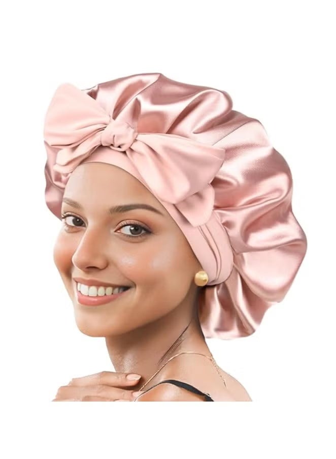 Wide Hair Hats with Straps - Silk Sleeping Cap, Round Hat with Bow Extra Large Size, Beauty Hair Care for Curly Hair with Ties for Women and Girls (Rose Pink) - Image 1