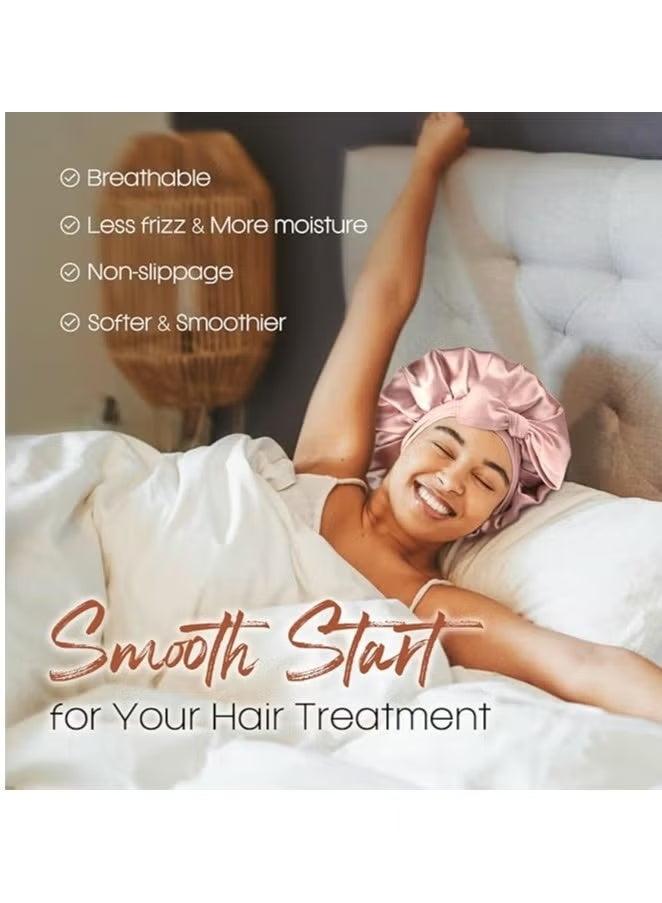 Wide Hair Hats with Straps - Silk Sleeping Cap, Round Hat with Bow Extra Large Size, Beauty Hair Care for Curly Hair with Ties for Women and Girls (Rose Pink) - Image 4