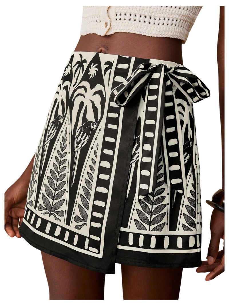 MakeMeChic Women's Summer Boho Wrap Mini Skirt Beach Vacation Short Skirts Black Boho X-Small - Image 1