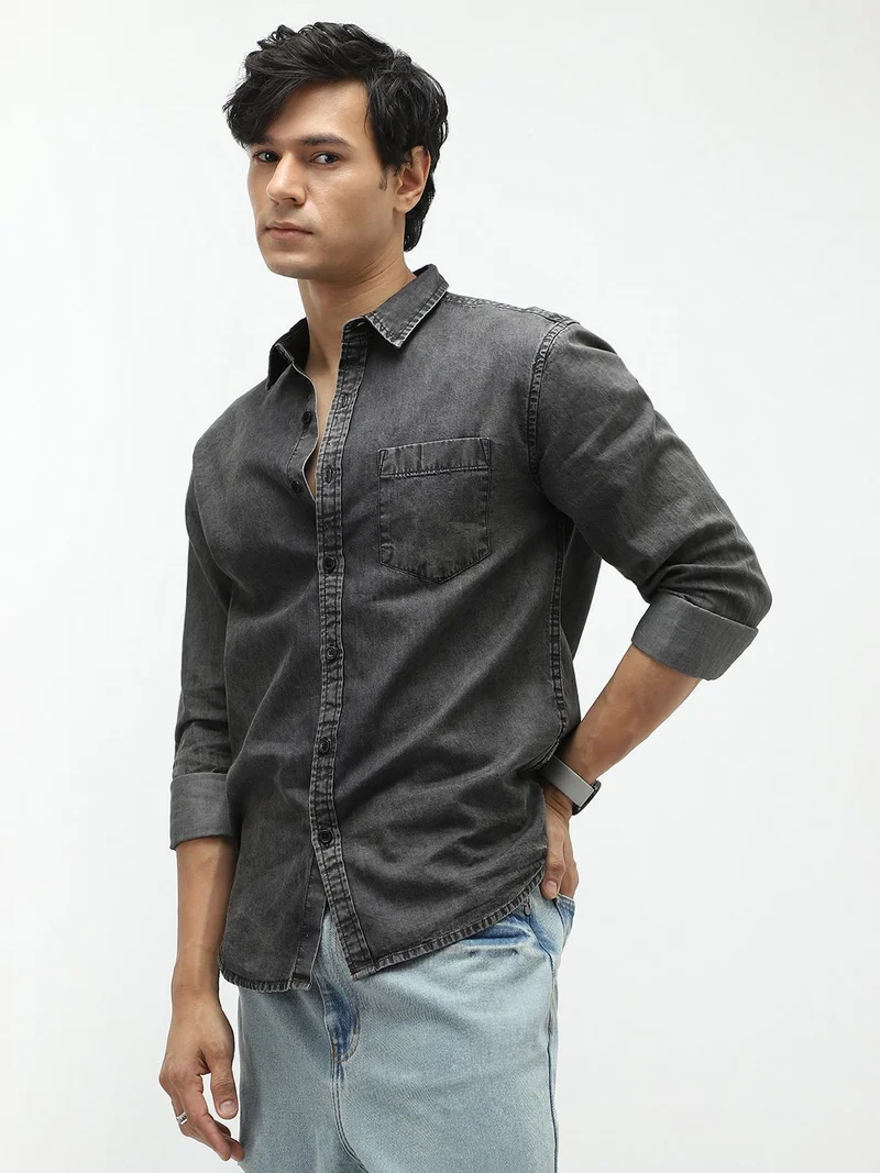 Urbano Fashion  Urbano Fashion Men's Grey Regular Fit Full Sleeve Washed Denim Shirt  | Best Price UAE