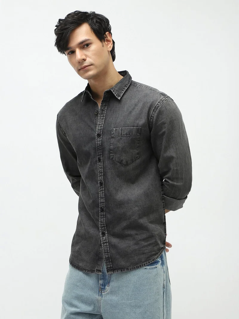 Urbano Fashion Men's Grey Regular Fit Full Sleeve Washed Denim Shirt
