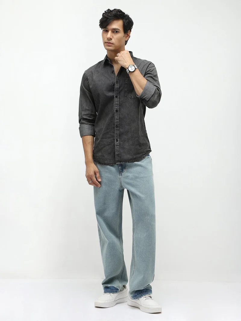 Urbano Fashion  Urbano Fashion Men's Grey Regular Fit Full Sleeve Washed Denim Shirt  | Best Price UAE