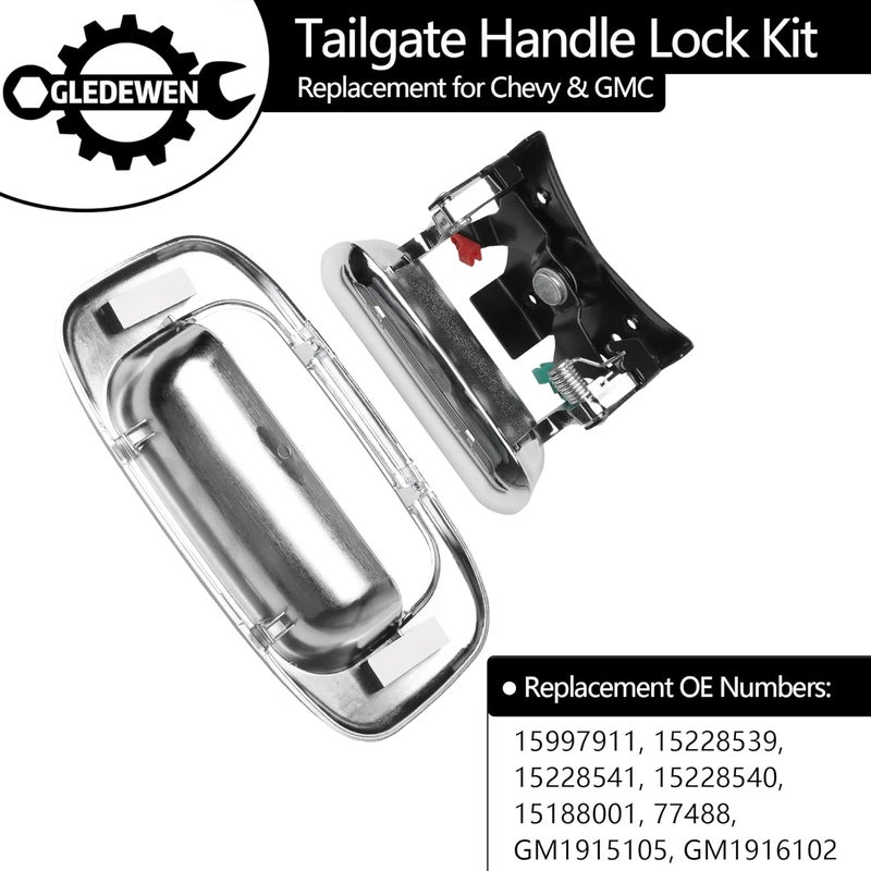 Gledewen Tailgate Door Handle & Bezel Lock Set, Compatible with 1999-2007 Chevy Silverado GMC Sierra 1500 2500 3500, Chrome Exterior Rear with Rod Clips | Replaces# 15997911, 15228539, 15228541, 15228540 - Image 3