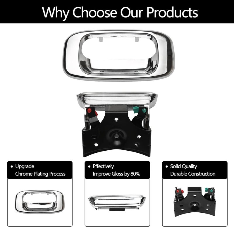 Gledewen Tailgate Door Handle & Bezel Lock Set, Compatible with 1999-2007 Chevy Silverado GMC Sierra 1500 2500 3500, Chrome Exterior Rear with Rod Clips | Replaces# 15997911, 15228539, 15228541, 15228540 - Image 4