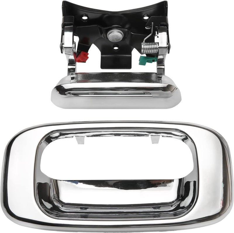 Gledewen Tailgate Door Handle & Bezel Lock Set, Compatible with 1999-2007 Chevy Silverado GMC Sierra 1500 2500 3500, Chrome Exterior Rear with Rod Clips | Replaces# 15997911, 15228539, 15228541, 15228540 - Image 1