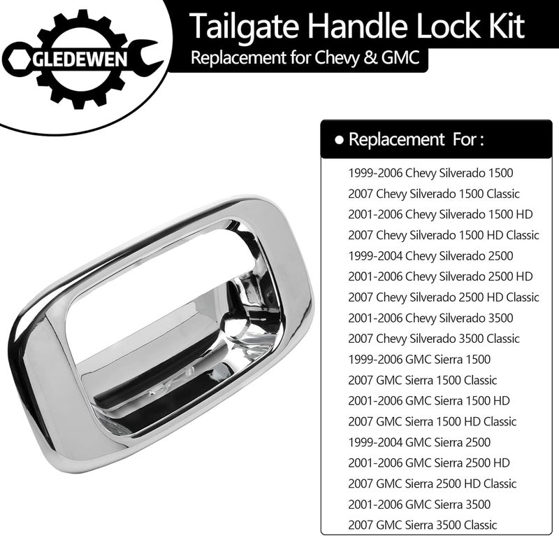Gledewen Tailgate Door Handle & Bezel Lock Set, Compatible with 1999-2007 Chevy Silverado GMC Sierra 1500 2500 3500, Chrome Exterior Rear with Rod Clips | Replaces# 15997911, 15228539, 15228541, 15228540 - Image 2