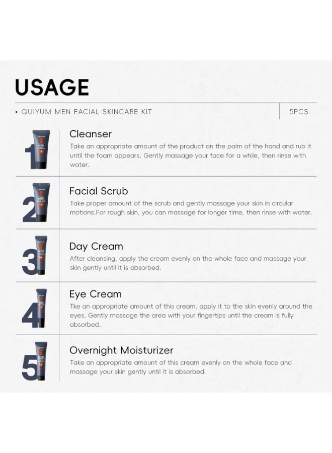 QUIYUM Face Skin Care Set for Men, 5 Pcs Mens Moisturiser Face Gift Set, Travel Size Skincare Kit, with Cleanser, Scrub, Eye Cream, Day Cream & Overnight Facial Moisturizer - Image 4