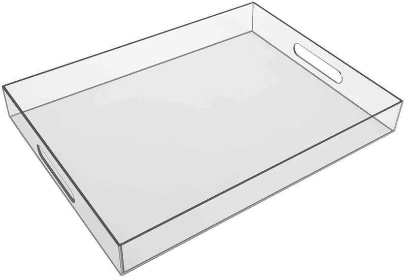 Sooyee Clear Acrylic Tray Decorative16 x 12 Plastic Serving Trays for Coffee TableKitchenBathroomFoodVanity CountertopLarge Ottoman Tray with Handles