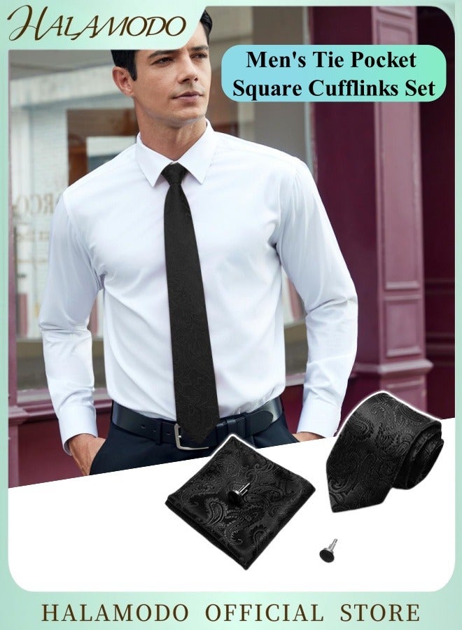 Halamodo Men's Ties Floral Woven Classic Tie Pocket Square Cufflinks Set Formal Ties Handkerchief Set Wedding Party Necktie Pretied Solid Color Necktie Set - Image 1