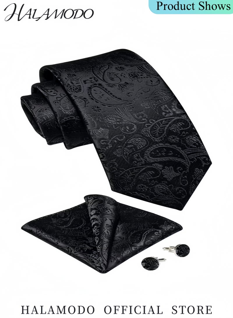 Halamodo Men's Ties Floral Woven Classic Tie Pocket Square Cufflinks Set Formal Ties Handkerchief Set Wedding Party Necktie Pretied Solid Color Necktie Set - Image 4
