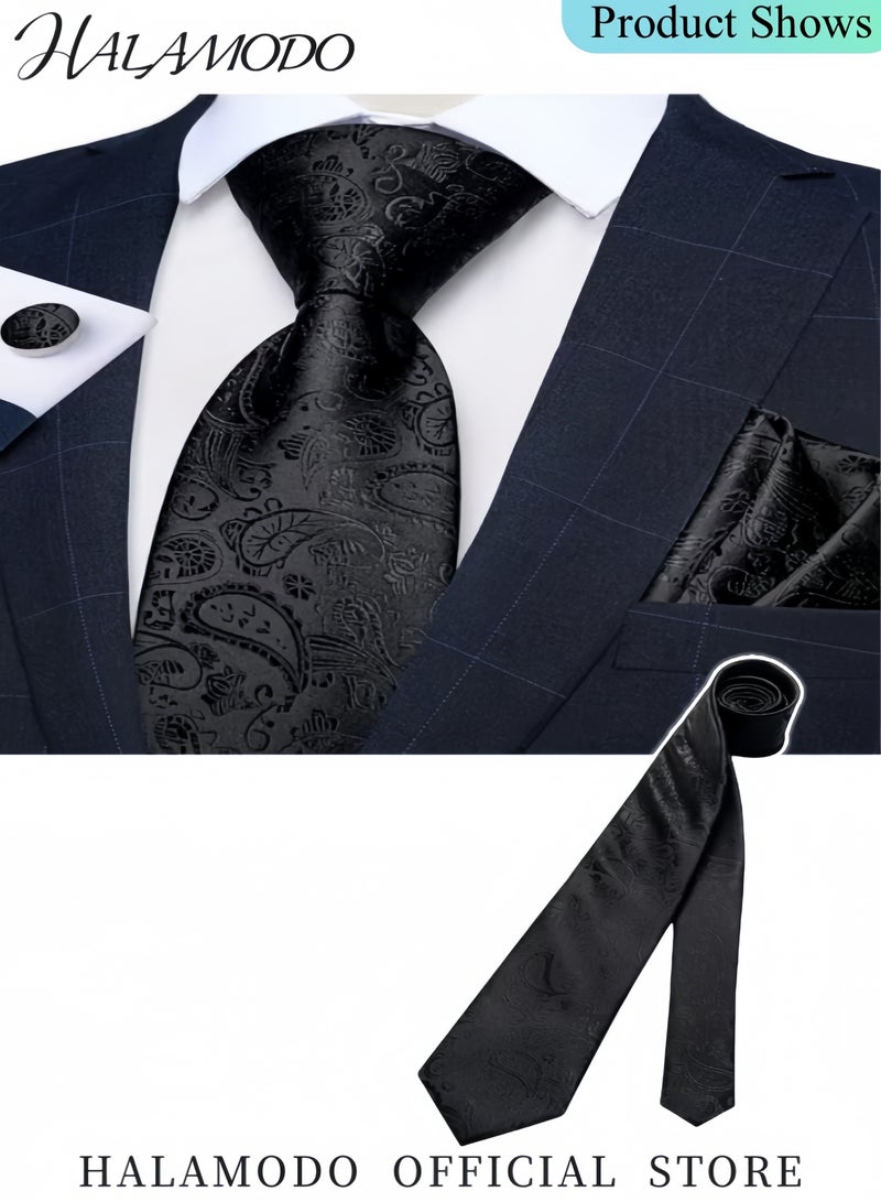 Halamodo Men's Ties Floral Woven Classic Tie Pocket Square Cufflinks Set Formal Ties Handkerchief Set Wedding Party Necktie Pretied Solid Color Necktie Set - Image 5