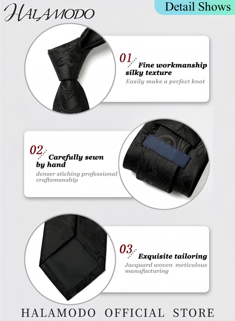 Halamodo Men's Ties Floral Woven Classic Tie Pocket Square Cufflinks Set Formal Ties Handkerchief Set Wedding Party Necktie Pretied Solid Color Necktie Set - Image 3