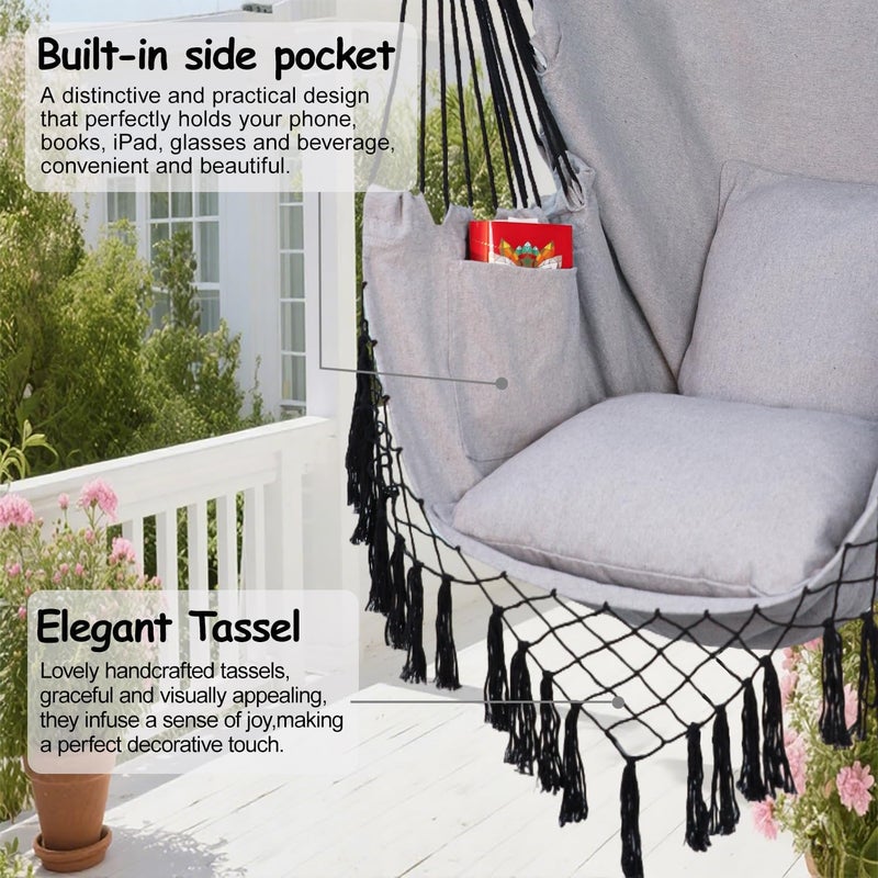 PIRNY Hammock Chair Hanging Rope Swing Chair,Max 500 Lbs, Large Hanging Chair with Pocket, 2 Cushions, Removable Steel Bar, Hardware Kit Included, Superior Comfort for Indoor Outdoor (Light Grey) - Image 2
