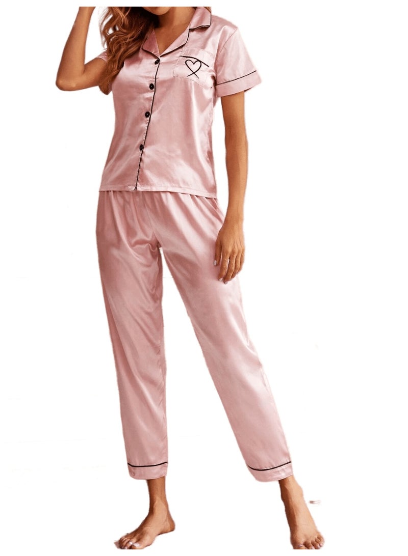 Sweet Cathy Satin Sleepwear Silky Pajamas Heart Embroidery Short Sleeve Button Top And Pants PJ Set - Image 1