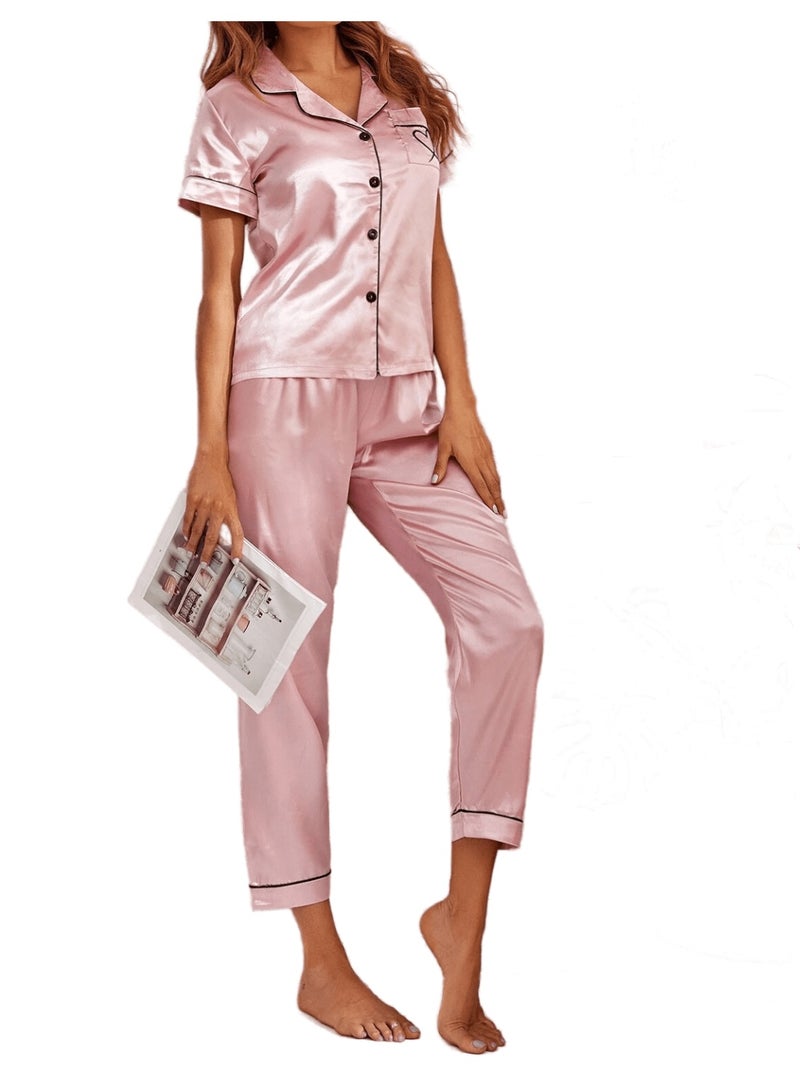 Sweet Cathy Satin Sleepwear Silky Pajamas Heart Embroidery Short Sleeve Button Top And Pants PJ Set - Image 4