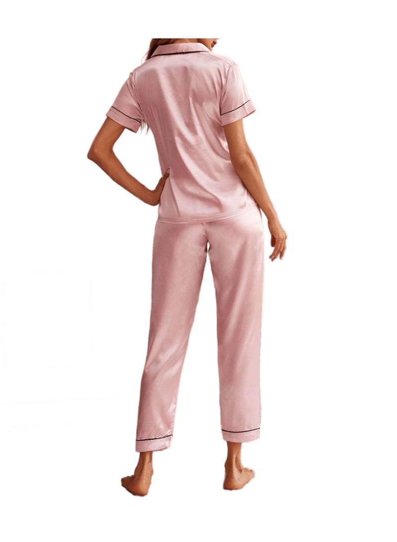 Sweet Cathy Satin Sleepwear Silky Pajamas Heart Embroidery Short Sleeve Button Top And Pants PJ Set - Image 3