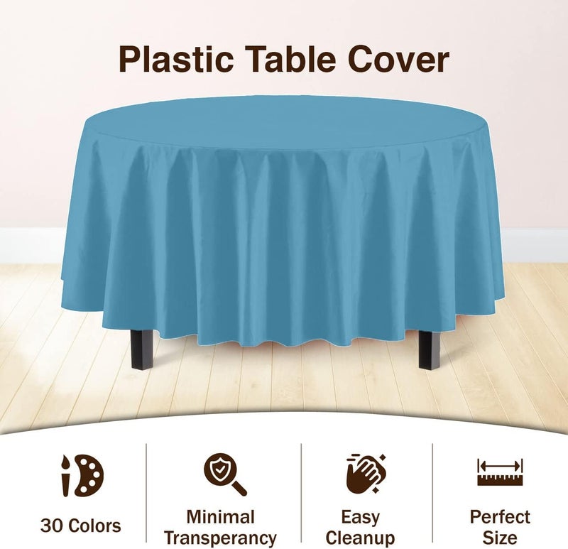 Exquisite 12-Pack Premium Plastic Table Cloth, 84in. Round Table Cover - Sky Blue - Image 3