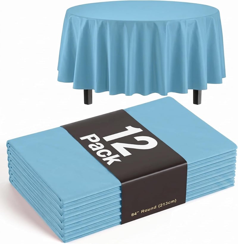 Exquisite 12-Pack Premium Plastic Table Cloth, 84in. Round Table Cover - Sky Blue - Image 1