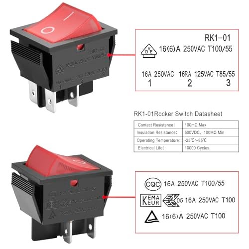 Heschen Rocker Switch ON-Off DPST 4 Terminals Red Light 16A 250VAC with Waterproof Cover - Image 4