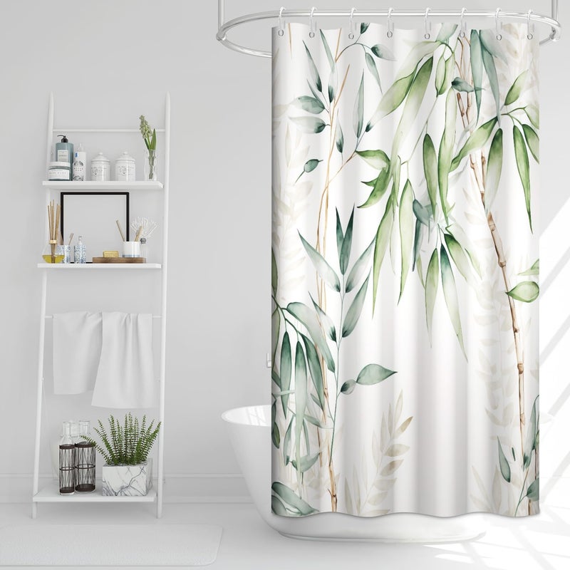Ruelvth Stall Shower Curtain Green Bamboo Small Shower Curtain Set Waterproof Fabric Aesthetic Green and White Botanical Bathroom Decor with Hooks 36x72 Inch