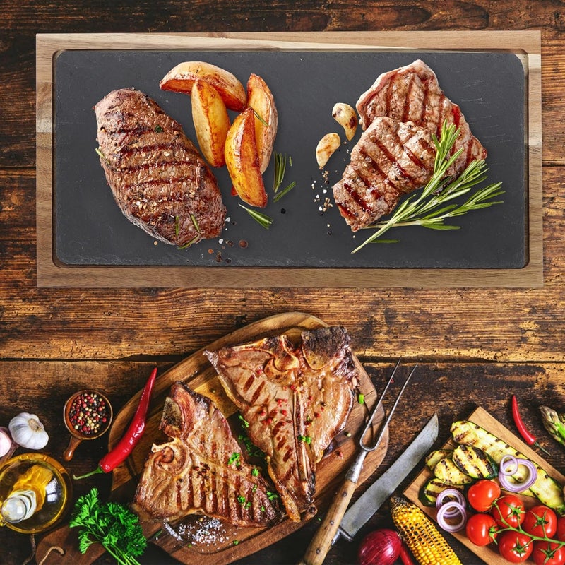 طبق ستيك وسلطة من الخشب الصلب المستطيل من ستوبازا مع إدراج حجري، صينية بيتزا متعددة الوظائف على الطراز الياباني الأسود للاستخدام المنزلي وفي المطاعم - Image 5