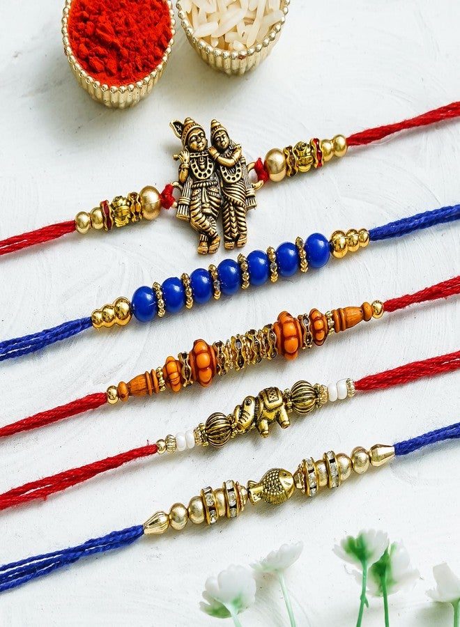 Onlinch Traditional Rakhi for Brother | Krishna, Rudraksha & Designer Beaded Rakhi Combo | Raksha Bandhan Gift with Roli & Rice | Bhaiya Rakhi Set (pack of 5) - Image 5