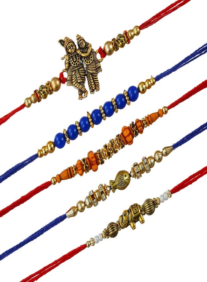 Onlinch Traditional Rakhi for Brother | Krishna, Rudraksha & Designer Beaded Rakhi Combo | Raksha Bandhan Gift with Roli & Rice | Bhaiya Rakhi Set (pack of 5) - Image 4