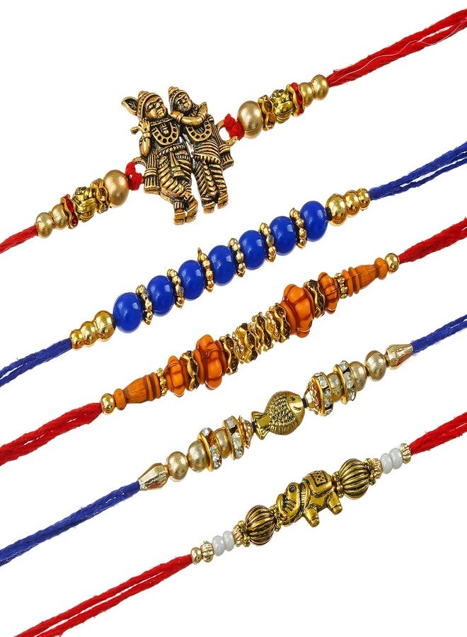 Onlinch Traditional Rakhi for Brother | Krishna, Rudraksha & Designer Beaded Rakhi Combo | Raksha Bandhan Gift with Roli & Rice | Bhaiya Rakhi Set (pack of 5) - Image 2